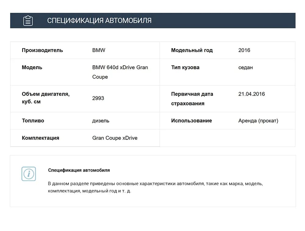 Спецификация автомобиля